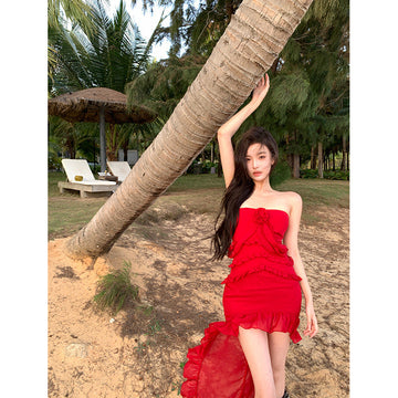 Sexy Pure Lust Wind Heavy Industry Lotus Side Drag Tail Irregular Braid Dress Holiday Red Chiffon Dress